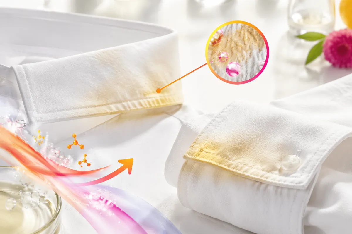 Yellowed collar and cuff of a white shirt showing sweat and body-soil build-up that protease-based detergents target