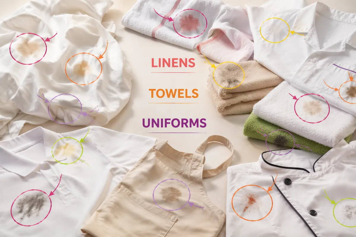 Hotel linens, towels, chef jackets and uniforms with mixed protein, grease and food soils marked for enzyme treatment