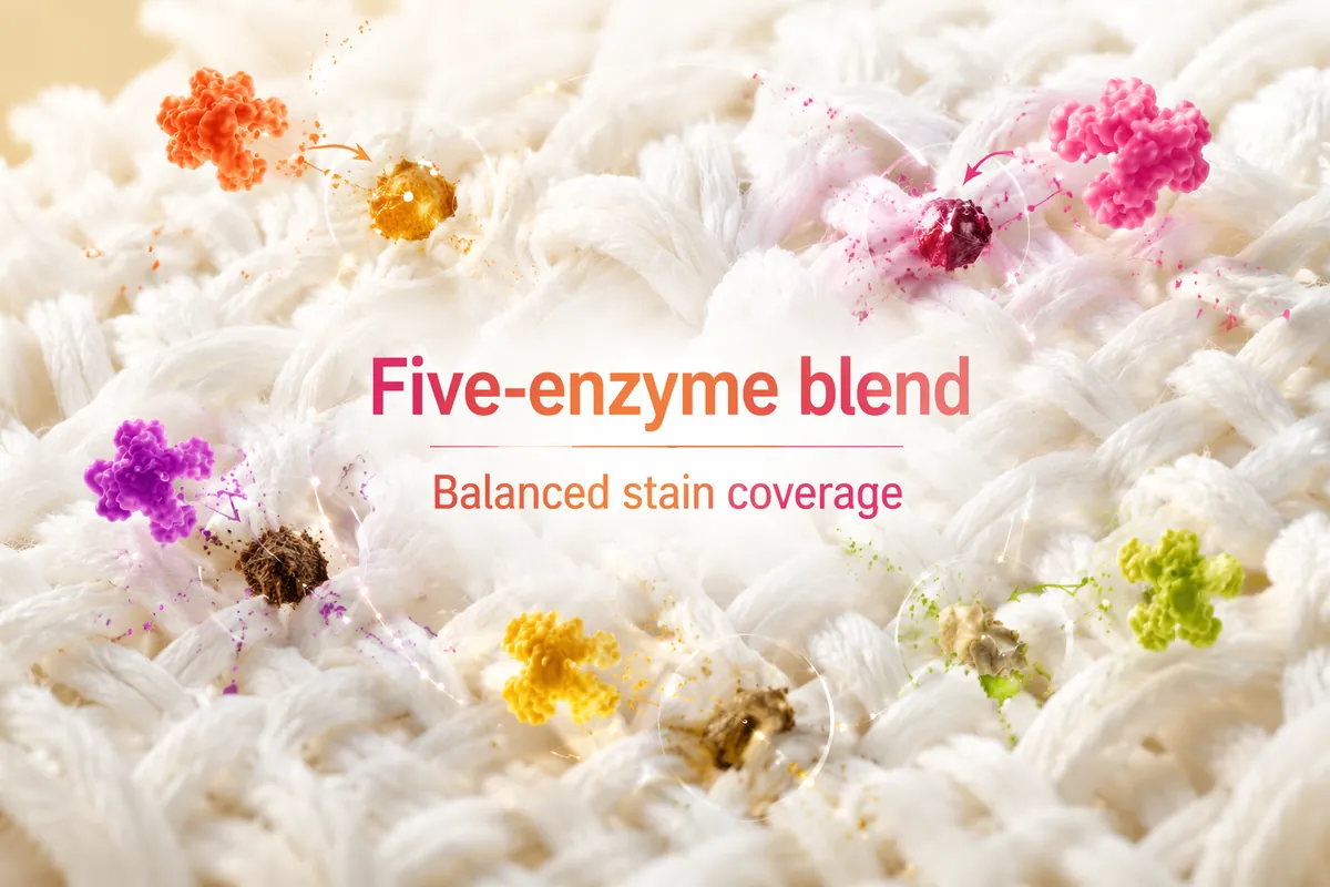 White towel fabric with several soil types, illustrating how a multi-enzyme blend covers mixed stains