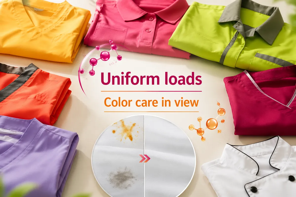 Folded workwear and uniform shirts beside a before-and-after stain comparison for a commercial laundry detergent